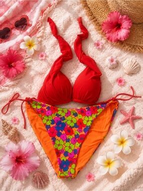 Orange Floral Accent Tie-Side Bikini Set